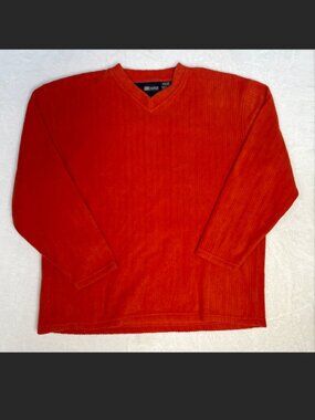 VTG Y2k Faded Glory Orange Pinstripe Vneck Fleece Preppy Jock Rugby sz L Fall